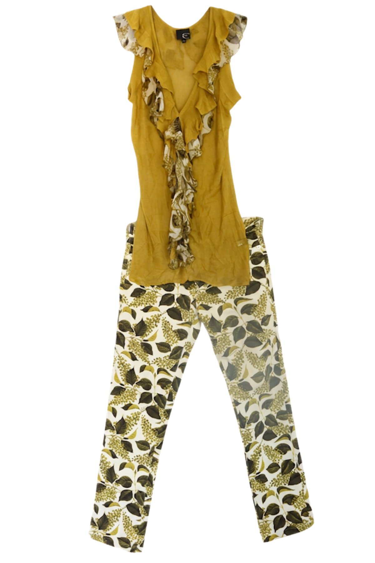 JUST CAVALLI Leaf Print Knit Ruffle Blouse & Jeans Matching Set