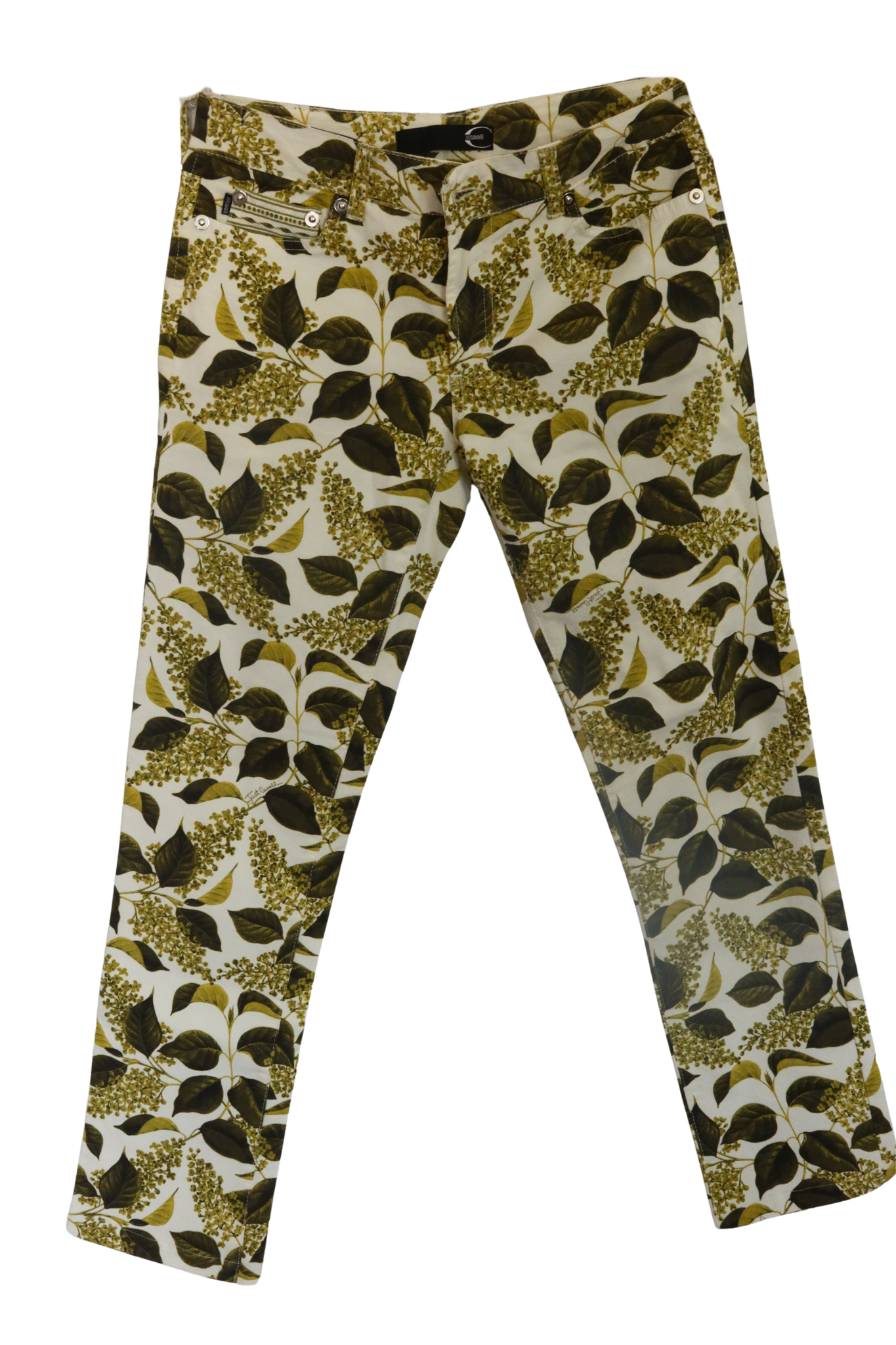 JUST CAVALLI Leaf Print Knit Ruffle Blouse & Jeans Matching Set