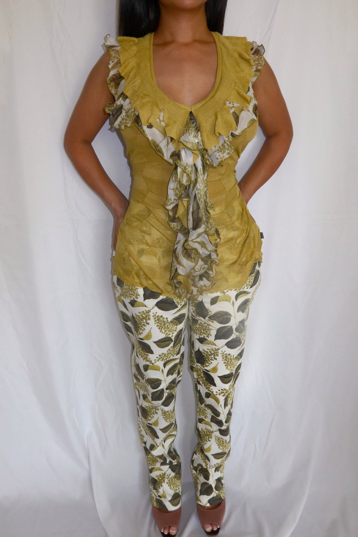 JUST CAVALLI Leaf Print Knit Ruffle Blouse & Jeans Matching Set