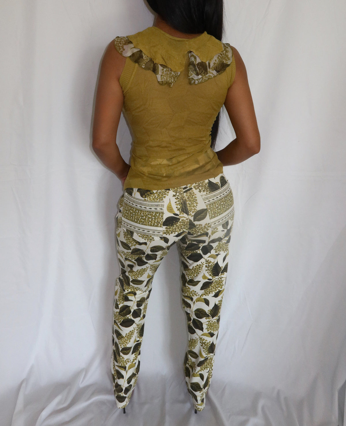 JUST CAVALLI Leaf Print Knit Ruffle Blouse & Jeans Matching Set